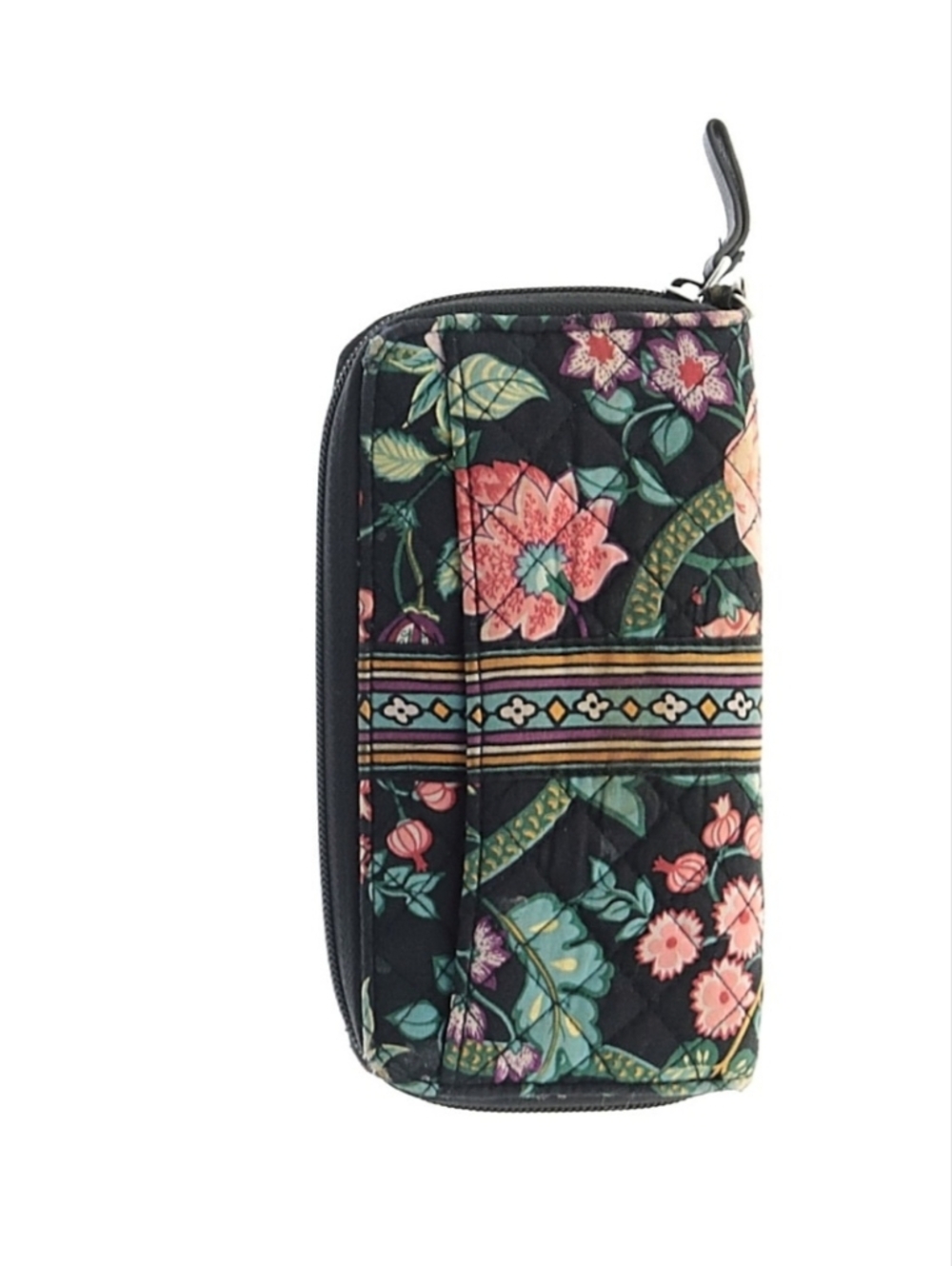 Vera Bradley Black Quilted Floral Zip Wallet Wristlet with Pink & Green Accents